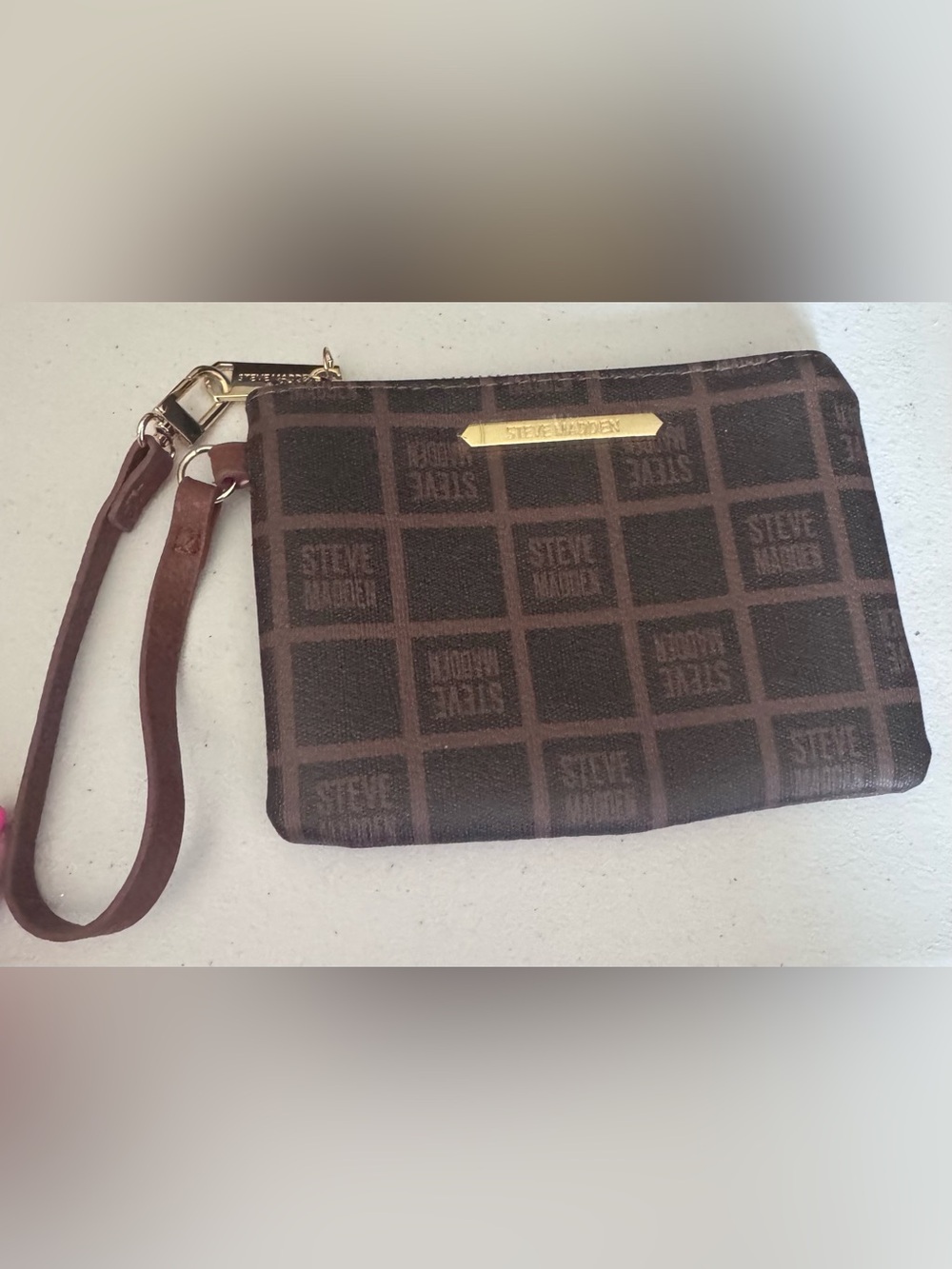 Steve Madden Brown Monogram Wristlet Pouch with Gold Plate